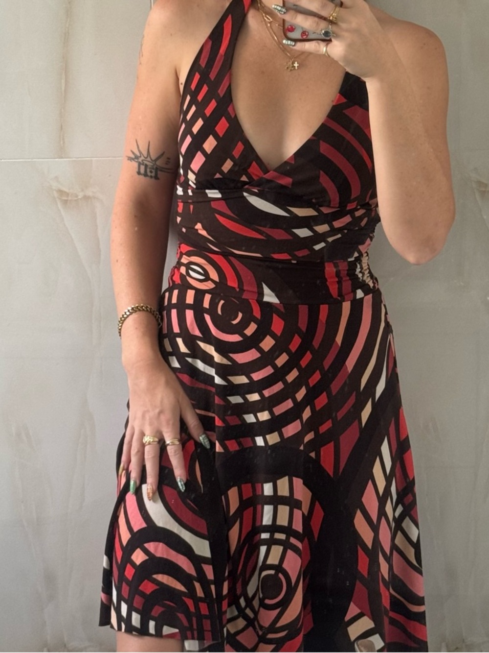 Halter V-Neck Geometric Print Dress